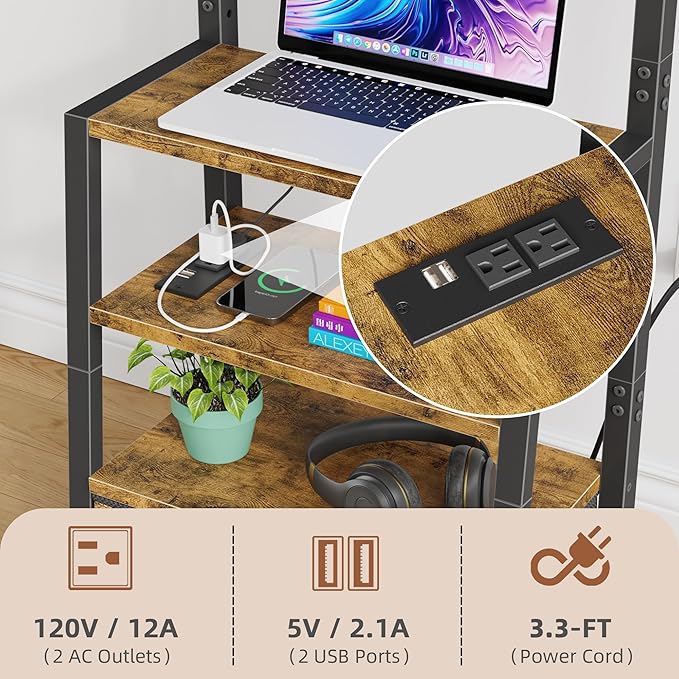 Rolling TV Stand with Wheels and Mount &amp Fabric Drawer - Entertainment Center with Power Outlet and Small TV Stand for Bedroom Living Room - 15 Rustic Brown