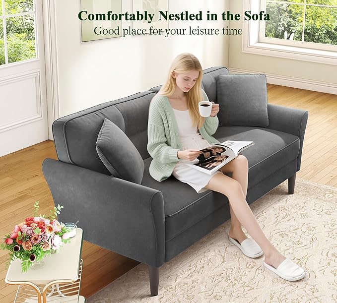 Loveseat Sofa 69 Love Seat Couches Comfy Velvet Small Sofa Couch for Bedroom with 2 Pillows Tool-Free Setup Sofas &amp Couches 700lb Load Sofas for Living Room Mini Couch for Bedroom Grey Couc