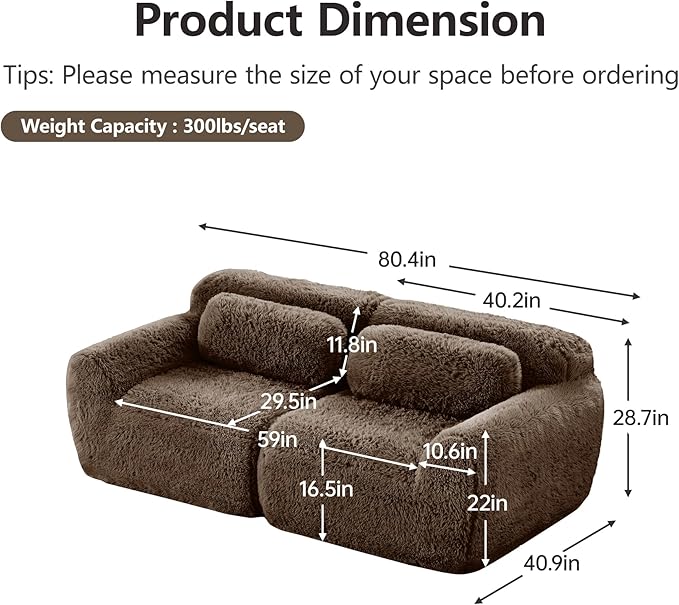 80.3 loveseat Sectional Couches for Living Room - Cloud Modular Couch Boneless Plush Sofa with Deep Seat &amp Support Pillow - Brown