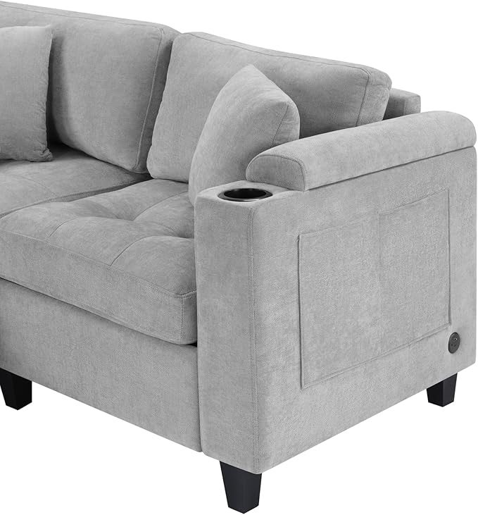 Modern U-Shaped Sectional Sofa 115.7 Corner Sectional Living Room Couch Oversized Sectional with Built-in Cup Holders Storage Space and USB Ports for Living Room (Light Grey-X22)