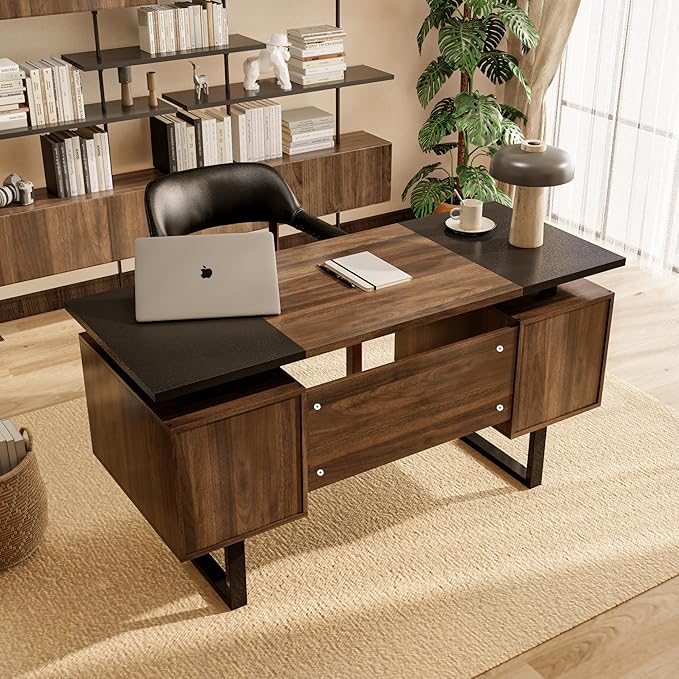 LEEMTORIG Computer Desk with Drawers 59 inch Large PC Gaming Desk Modern Industrial Study Student Writing Table Workstation for Home Office Bedroom Black &amp Walnut Brown CTSZ-20401-WACM
