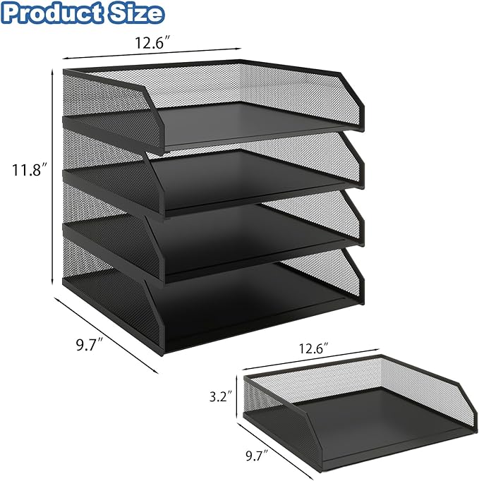 Natwind 4-Tier Stackable Paper Tray Metal Mesh Desktop Organizer A4 Paper Sorter Letter TraysFile Folder Sorter Organizer with Sliding Tray for Home Office School (Black)