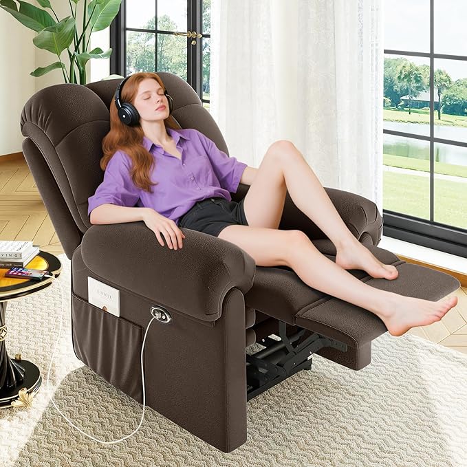 Power Recliner Chair Reclining Chair Comfy Teddy Small Recliners for Small Spaces Adjustable Electric Recliner Chairs for Adults Electric Recliners with USB Port &amp Side Pockets Coffee