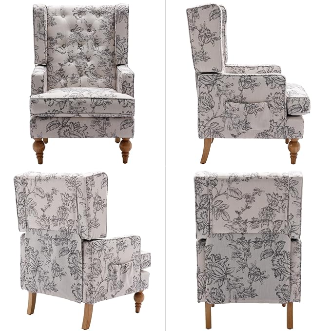 LukeAlon Button Tufted Linen Accent Chair Upholstered Club Chair with Wooden Legs Vintage High Wingback Reading Chair Comfy Armchair with Pocket for Living Room Bedroom Floral Beige