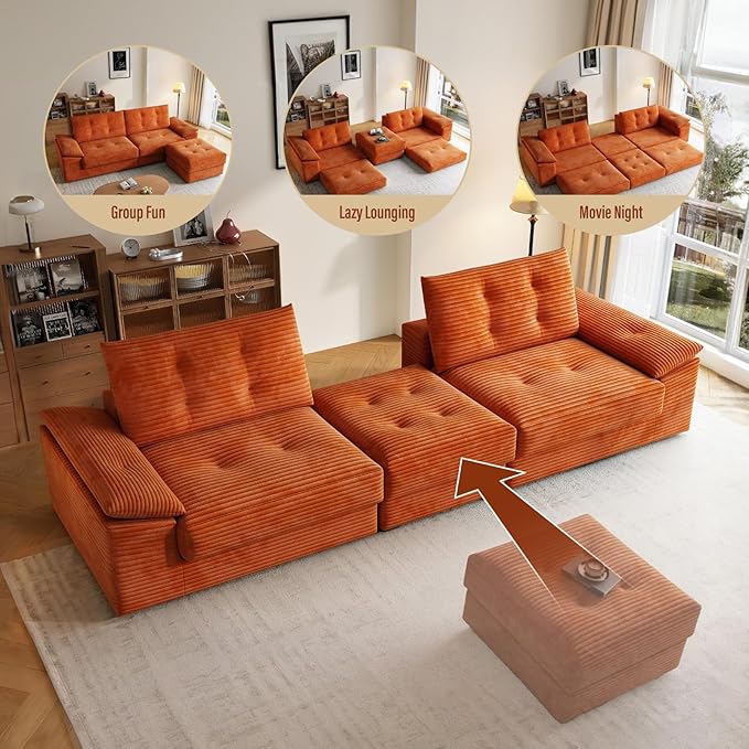 109.5 L-Shape Sectional Couches for Living Room Convertible Sleeper Sofa with Ottoman Compressed No-Frame 3 Seater Modular Sectional Sofa No Assembly Required(Corduroy Orange)