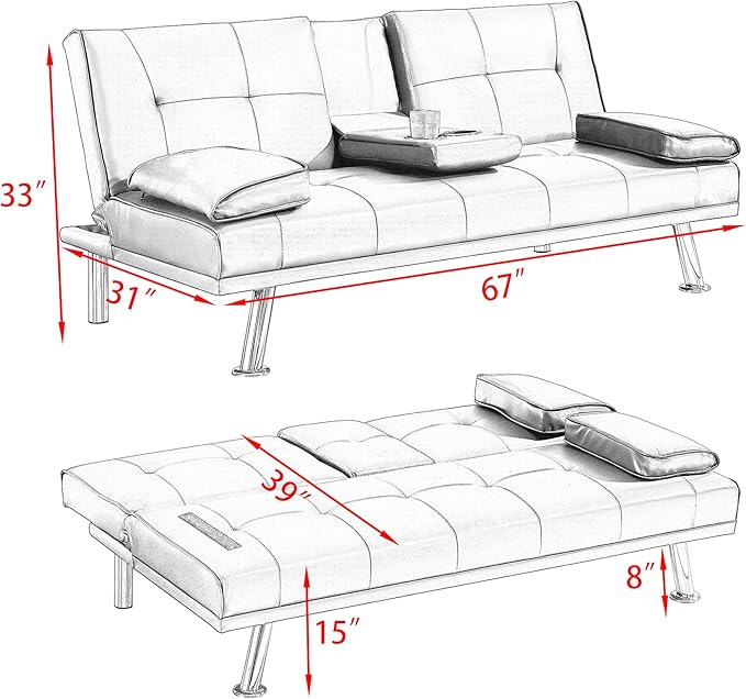 KEIKI 67 Leather Folding Futon Sofa w/Cup Holder &amp Adjustable Backrest Mid Century Modern Couch Loveseat Convertible to Sleeper Bed Comfy Cloud Couch SofaBed for Living Room &amp Bedroom Red