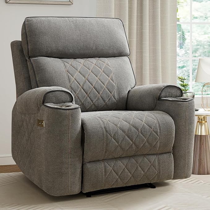EBELLO Electric Recliner Chair Soft Fabric Power Reclining Chair with Cup Holders USB Charging Ports for Living Room Bedroom and Meeting Room Light Grey