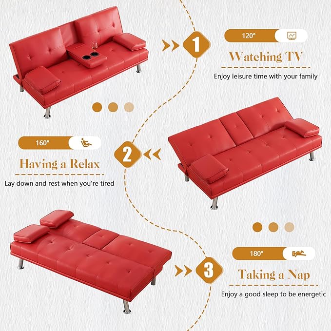 Modern Futon Sofa Bed 67 Inch Leather Convertible Futon Couch Loveseat Sleeper for Small SpacesComfy Folding Recliner Couches for Living Room Adjustable Backrest2 Cup HoldersMetal Legs (RED)