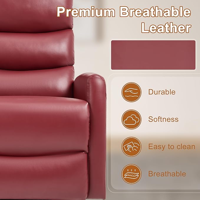 Manual Swivel Rocker Recliner Chair for Adults Overstuffed Reclining Glider Chair for Nursing with Vibration Massage &amp Heat Living Room Rocking Recliner 3-Stage backrest Faux Leather Red