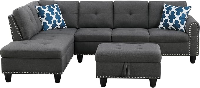 Convertible Sectional Sofa with Storage 4 Seat L Shaped Couch with Chaise and Cup Holder Modern Linen Fabric Sofá for Living Room Apartment Office (Dark Gray)