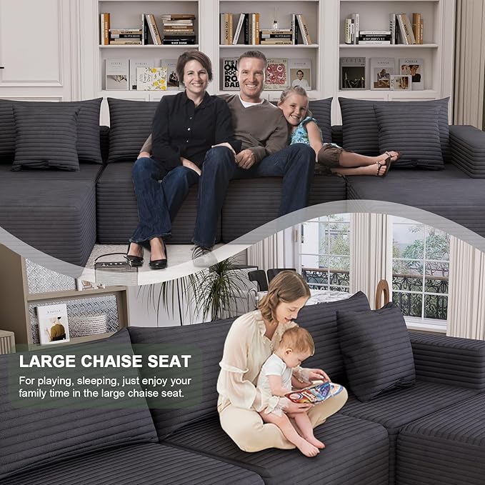 Oversized Cloud Modular Sofa – Deep Seat Corduroy Couch with Pillows No Assembly Convertible &amp Customizable Design Soft All-Foam Comfort for Living Room &amp Bedroom (Gray Loveseat)