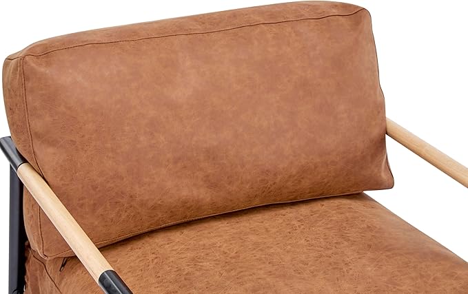 Modern Minimalist Accent Chair Soft Polyester Fabric with Metal Frame and Wood Armrests Living Room Bedroom Office Seating (Brown)
