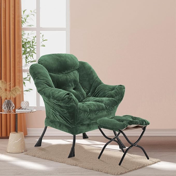 Lazy Chair with Folding Ottoman Accent Chair Plush Upholstered with Metal Structure and Non-Slip Pads Sofa Armchair with Footrest and Side Storage Bag for Dorm Room Office Green