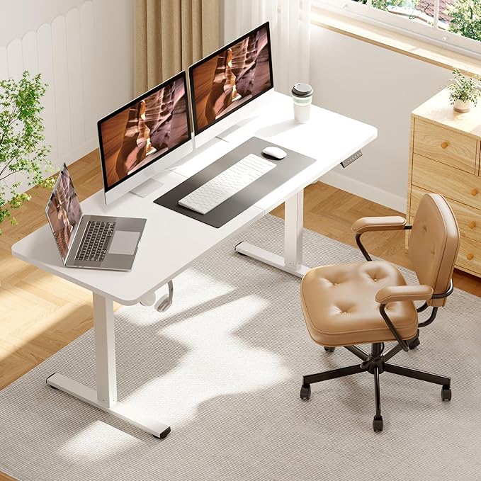 AdjustableStanding Desk 63 x 24 Inch Home Office Desk with Memory Preset Computer Workstation Splice White Top Frame
