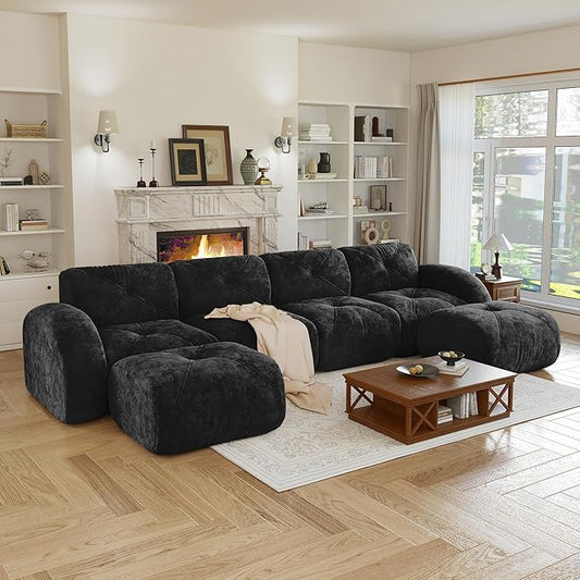 140 Sectional Modular Cloud Couch Boneless Couches with Deep Seat Convertible 4-Seater Sofa Set with 2 Ottomans for Living Room Bedroom Office Black