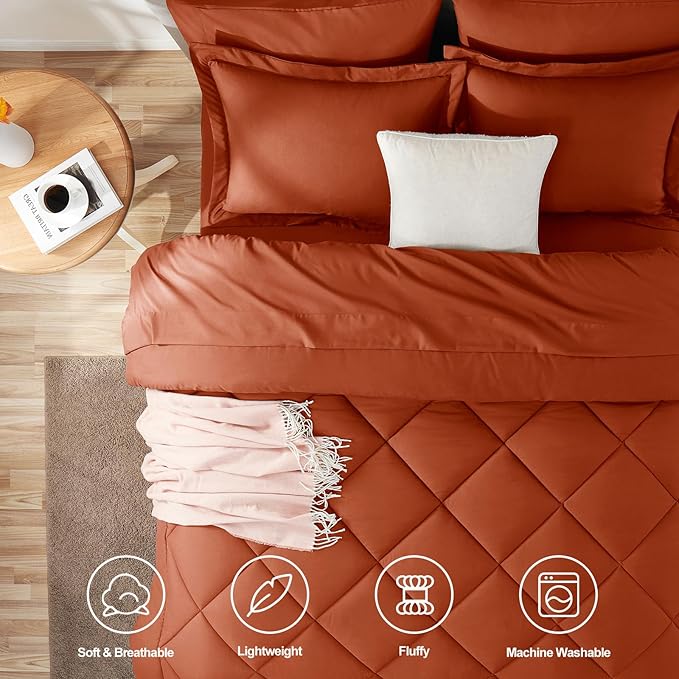 CozyLux Queen Comforter Set Burnt Orange - Bed in a Bag Queen Size 7 Pieces Luxury Soft Bed Set for All Seasons Bedding Set with Down Alternative Comforter Sheets Pillowcases &amp Shams Terracot