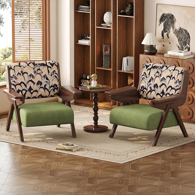Accent Chair Mid Century Modern Chair Velvet Upholstered Lounge Arm Chair with Solid Wood Cozy Reading Chair for Living Room Bedroom Balcony (Feather Print Single Chair)