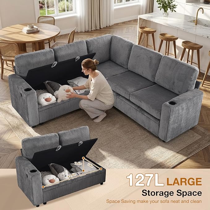 83 Sleeper Couch with Pull Out Sofa Bed 5-Seater Sectional Couches for Living Room L-Shaped Couch with Storage USB Port &amp Cup Holder Corduroy Convertible Corner Sofa for Apartment