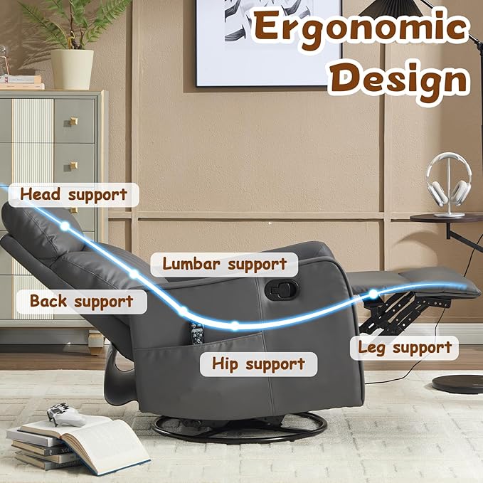 Massage Recliner Chair with Heat Slim Recliners for for Adults Swivel Rocking Chair Recliner with High Back Small Recliner Chair for Small Spaces Living Room Adjustable Footrest (Dark Grey)