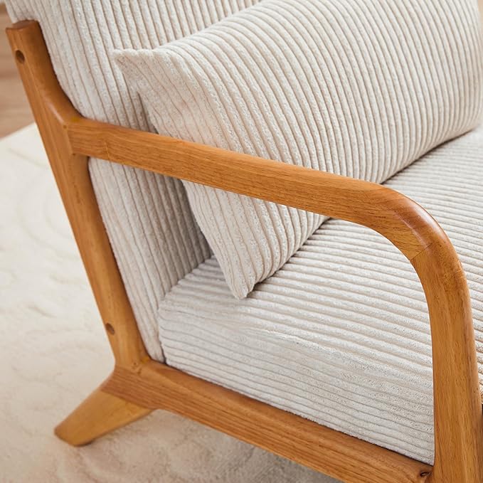 Mid-Century Modern Accent Chair with Throw Pillow Upholstered Fabric Armchair Solid Wood Frame Reading Chair for Living RoomBedroomReadingBalcony (Beige &amp Brown)
