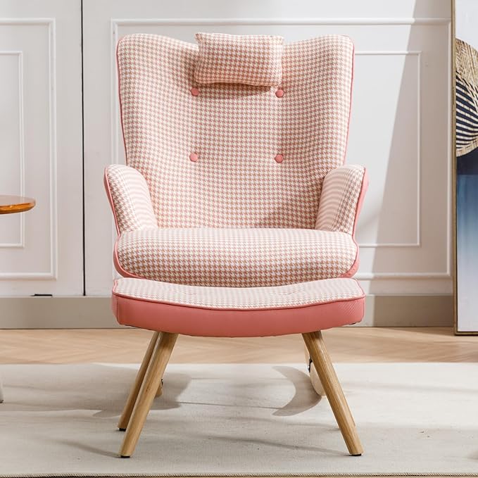 35.5 inch Rocking Chair Soft Houndstooth Fabric Leather Fabric Rocking Chair for Nursery Comfy Wingback Glider Rocker with Safe Solid Wood Base for Living Room Bedroom Balcony (Pink)