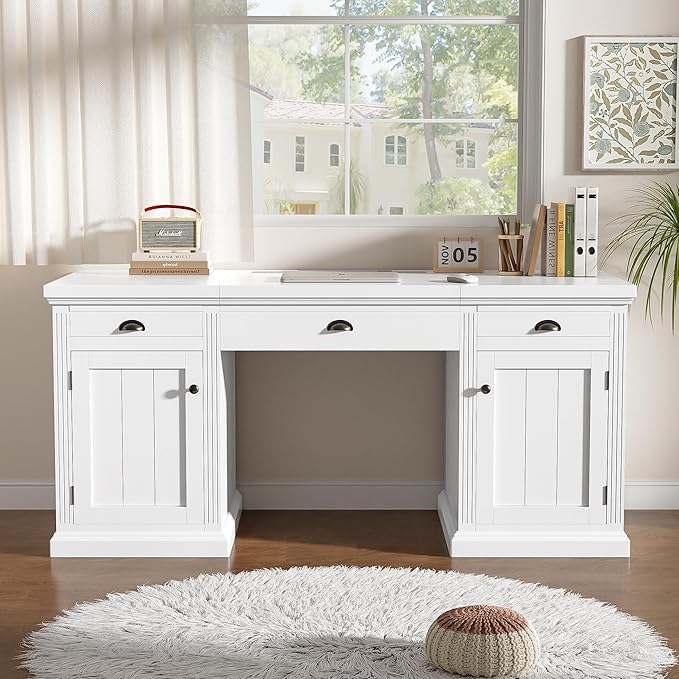 67 Modern White Executive Desk Computer Desk with 2 Wooden Doors Storage Cabinet &amp 3 Drawers Rectangle Home Office Desk with USB Ports Writing Table &amp Workstation for Study (White)