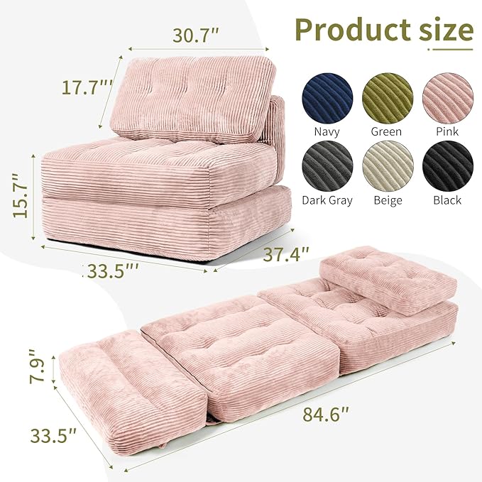 Art3d Folding Sofa Bed Convertible Sleeper Sofa Bed with Pilow &amp Back Support 3 in 1 Long Futon Boneless Couch Comfy Floor Couch for Living Room Bedroom Light Pink