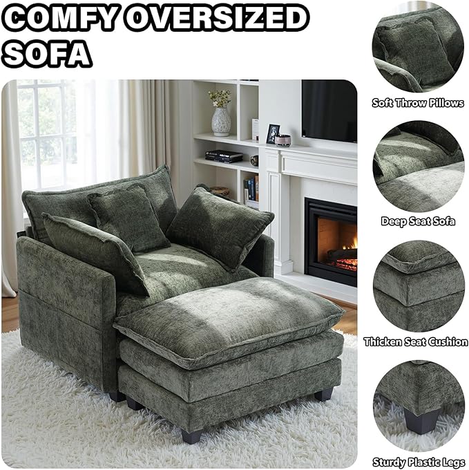 Oversized Accent Chair with OttomanChenille Sofa with Deep Seat and Upholstered Armrests Comfy Oversized ChairReading Chairs for BedroomLiving Room (Green)