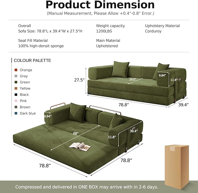 MoonSpeak 78.8''Sleeper Couch Bed for LivingroomConvertible Modular Sofa with Armrest PillowModular Foldable Corduroy Couches in a BoxNo Assembly (Green)