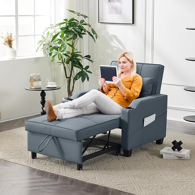 VINGLI 3-in-1 Convertible Sofa Bed Recliner with Adjustable Backrest USB Ports Cup Holders for Small Spaces Living Room