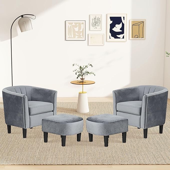 GOFLAME Accent Chair with Ottoman Modern Velvet Fabric Barrel Chair with Footrest Curved Backrest Removable Seat Cushion Upholstered Club Tub Sofa Reading Armchair for Living Room Bedroom Gray