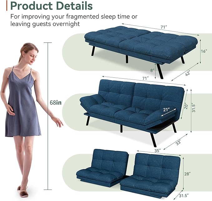 Opoiar Convertible Futon Sofa Bed71 Memory Foam Futon CouchDetachable CushionAdjustable Backrest &amp ArmrestLinen Modern Loveseat Sleeper Recliner for Living RoomOfficeApartmentRetro Blue