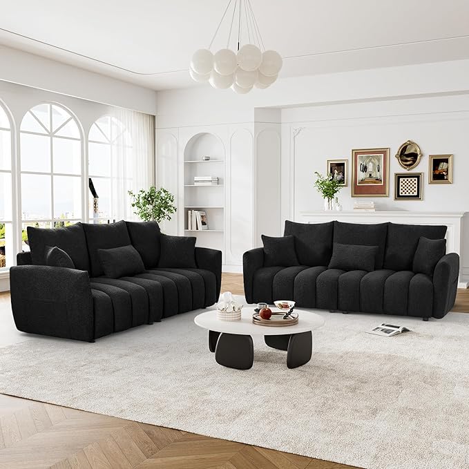 OUYESSIR Boucle Sofa Cloud Couch 80.2 Modern Comfy Teddy Sofa Deep Seat Futon Couch with Pillows Soft Upholstered 3 Seater Sofa Oversized Loveseat Sofas for Living Room Apartment Black