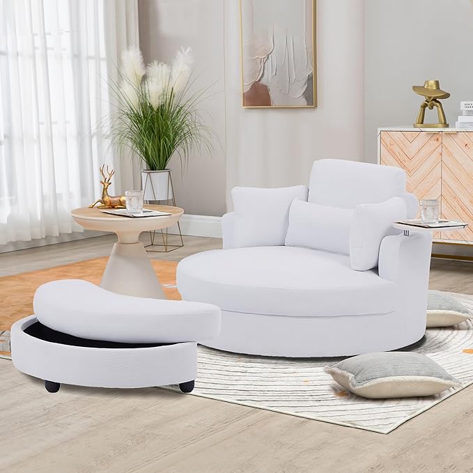 51'' Accent Swivel Barrel Chair with Storage Ottoman Modern Oversize Round Swivel Leisure Armchair for Living Room Hotel Club Lounge White
