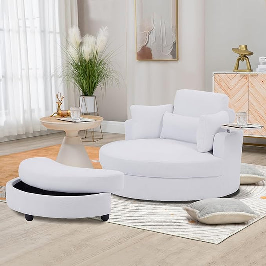 51'' Accent Swivel Barrel Chair with Storage Ottoman Modern Oversize Round Swivel Leisure Armchair for Living Room Hotel Club Lounge White