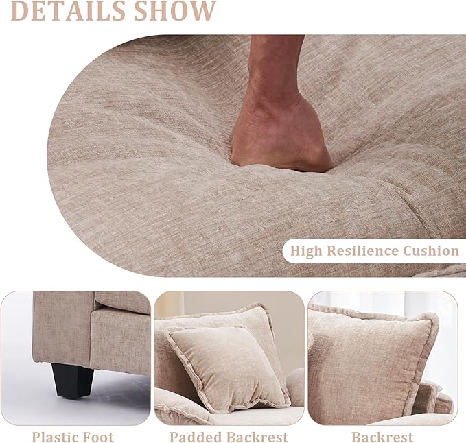 Oversized Accent Chair with OttomanOversize Chair Chenille Sofa with ArmrestsComfy Living Room Sofa with Deep Seat &amp PillowsOversized Reading Accent Chairs Couch Lounge for Bedroom (Khaki)