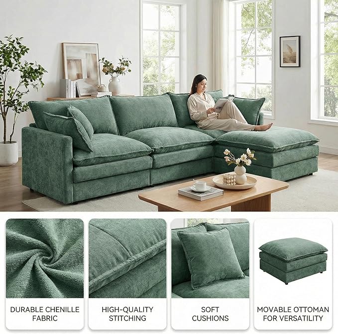 Homy Casa 102 Inch L Shaped Couch Set3-Seat Sectional Sofa with Chaise Comfortable Chenille Fabric Removable Cushions Ottoman DIY CombinationModern Design for Living/Family Room (Mint Green)