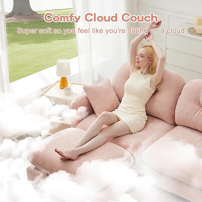 KEIKI 74 Oversized Chenille Modular Sectional Loveseat Sofa with High-Density Foam Cushions and Tufted Pleated Cushion Backrest Upholstered 2-Seater Cloud Couch with 2 Pillow for Living Room Pink
