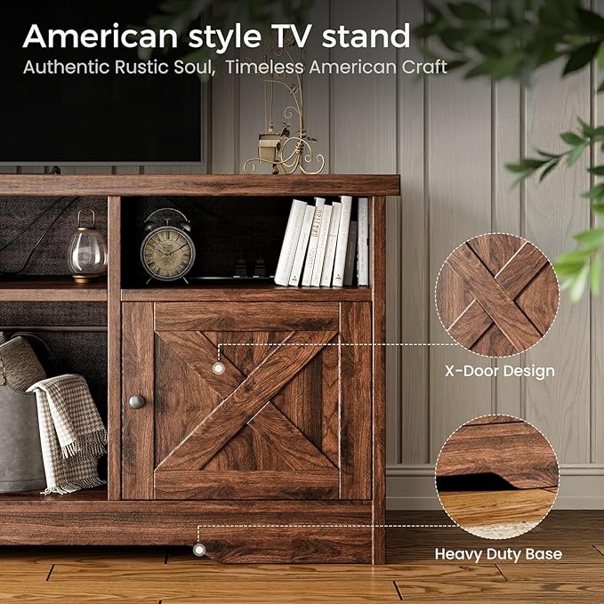 Casaottima TV Stand for 65 Inch TV Farmhouse Entertainment Center with Power Outlet &amp LED Light and Storage Cabinets Console Table and Media Furniture for Living Room Bedroom Walnut