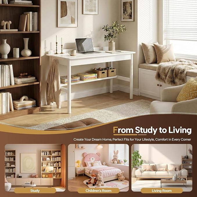 Solid Wood Study Desk &amp Home Office Writing Table with Drawers 40 Vintage Mid Century Modern Computer Desk Home Office Workstation for Bedroom Small Spaces Apartment(White39.4 Inch Wide)