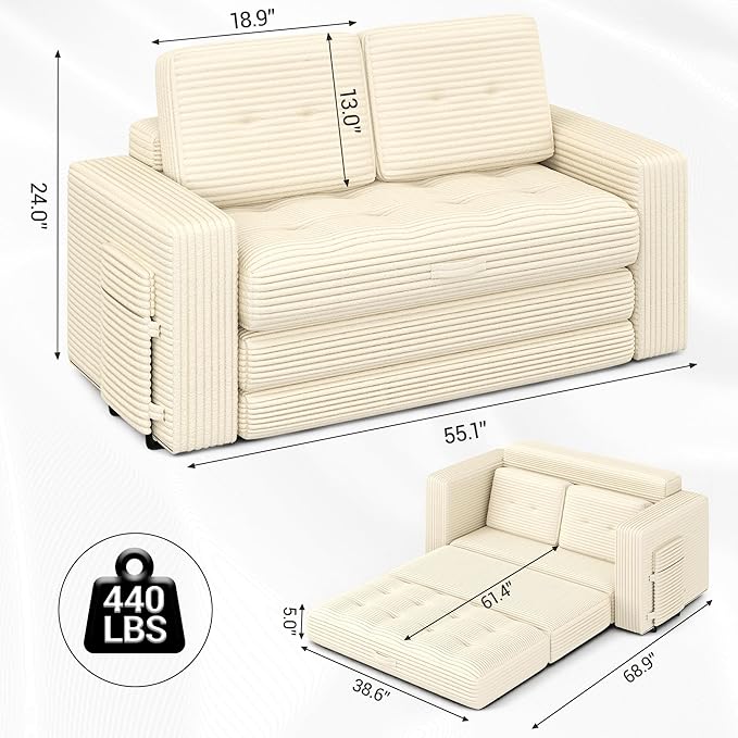 3 Fold Convertible Sofa Bed Pull Out Loveseat Couch Sleeper Sofa Folding Sofabed with Pillows for Living Room Bedroom Beige
