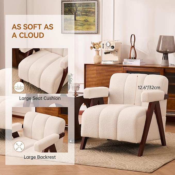 Accent Chairs Set of 2 Mid-Century Modern with Wide Backrest for Bedroom Upholstered Living Room Chair with Wooden Lounge Armchair with Thick Cushion Cute Teddy Comfy Chair Ivory