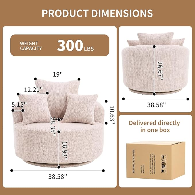 40” Beige Round Swivel Chair with 3 Pillows &amp Thick Cushion Oversized 360° Swivel Accent Chair Modern Boucle Armchair for Nursery Living Room Bedroom Club