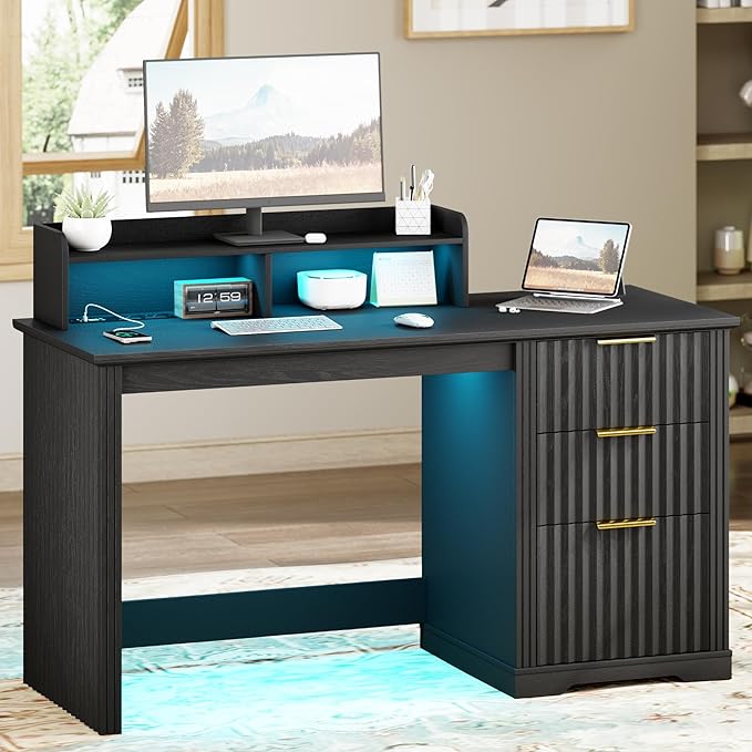 Computer Desk with Monitor Stand 47 inch Home Office Desk with RGB LED Lights and Power Outlets Writing Desk with Storage File Drawer for Working Gaming Writing Black