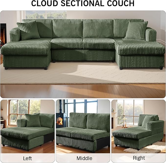 123 U-Shaped Modular sectional Sofa Two L-Shape Chaise with 2 Cloud Couch sectional with Two Pillows couches for Living Room(Green)