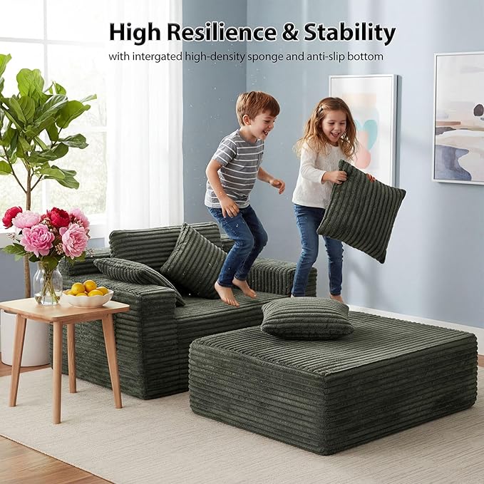 Boneless Chaise Lounge Chair Indoor with Ottoman 67 Inch Oversized Corduroy Couch Compressed Sofa Bed Couches for Living Room Bedroom Guest Room No Assembly Required Green | Breathable material