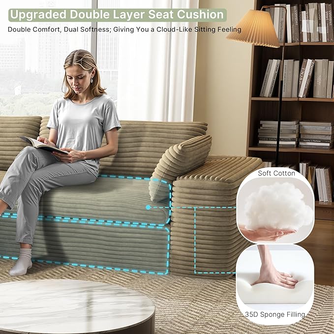 185'' Oversized Sectional Couches for Living Room Boneless Modular Sectional Sofa Plush Corduroy Cloud Couch with Ottoman U Shaped Sofa Bed No Assembly(Beige)