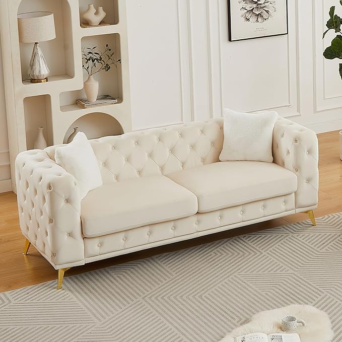 82.5'' Velvet Chesterfield Sofa Button Tufted Upholstered Sofa Couches with 2 Pillows Golden Metal Feets Removable Thick Cushions Comfy Chesterfield Couches for Living Room Apartment Beige