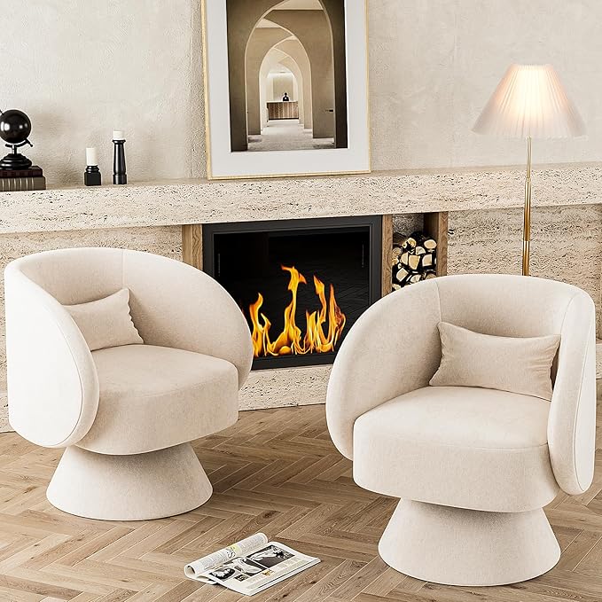 Swivel Barrel Chair Set of 2 Upholstered Swivel Accent Chairs for Living Room Comfy 360 Degree Modern Small Round Armchair for Bedroom Office (Beige White Linen)