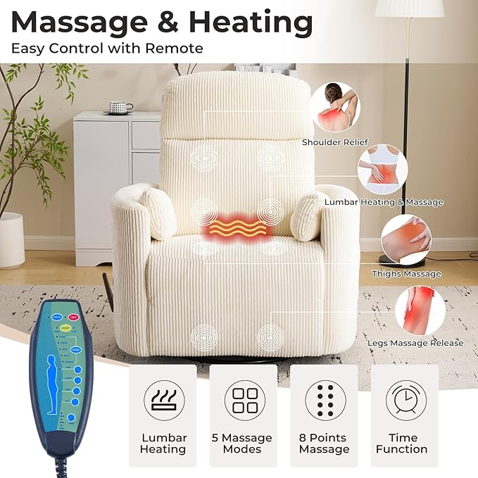 Oversized Swivel Rocker Recliner Chair with Massage and Heat Manual Swivel Glider Rocker Recliner with 2 Pillows Rocking Nursery Chair with Storage Ottoman Adjustable HeadrestCorduroy Beige